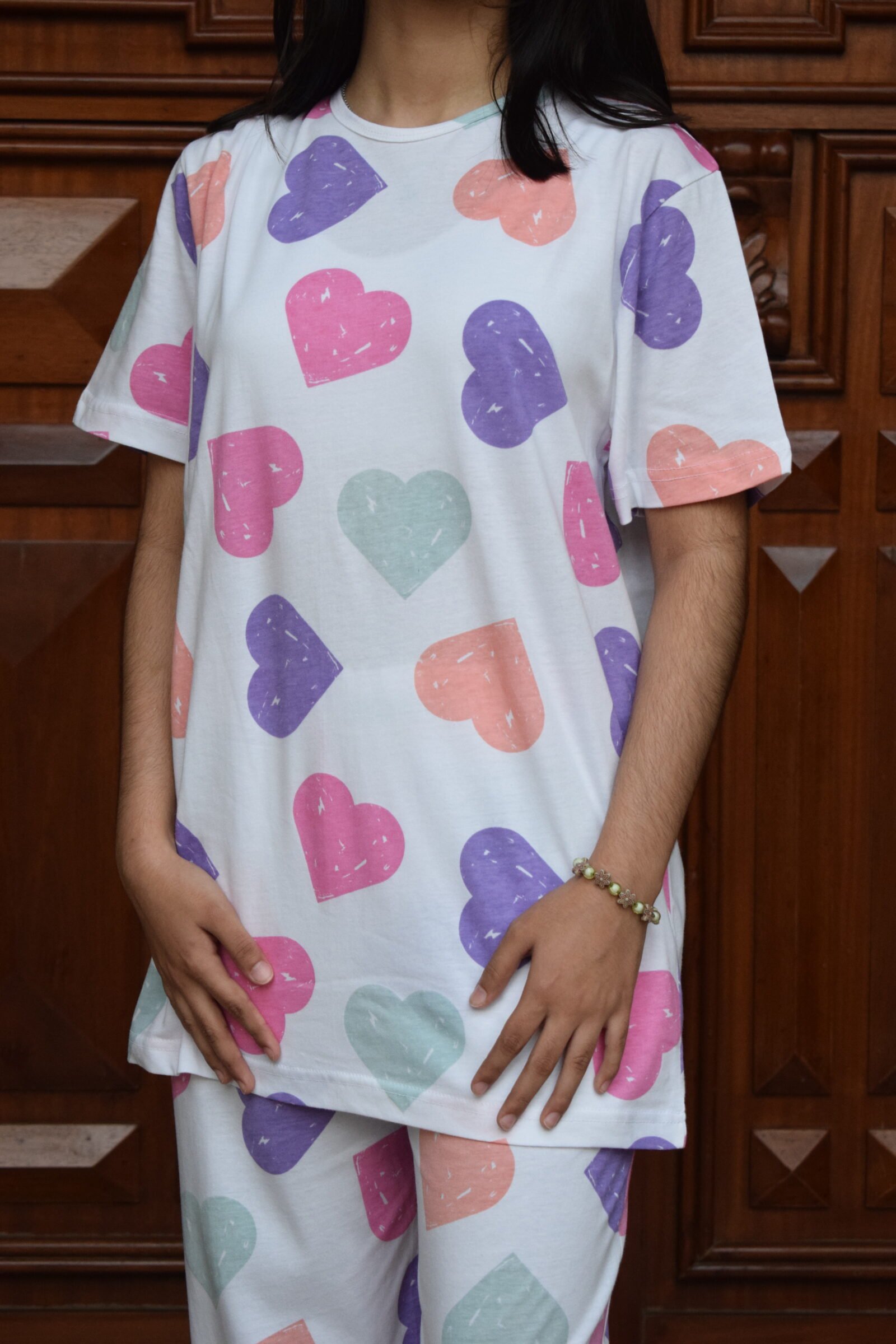 Pastel Heart Print Cotton Tracksuit for Women – Stylish & Comfy Summer Loungewear | Minimeko